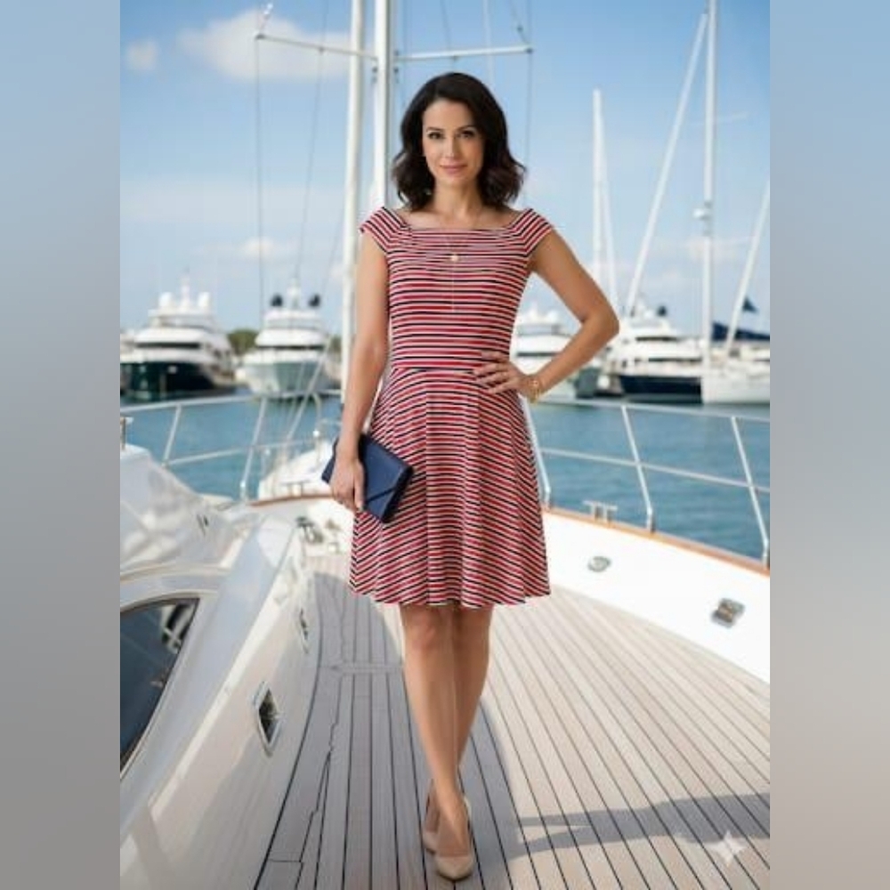 Chic Red and White Striped Midi Dress Size M Nautical Boat Neck Skater